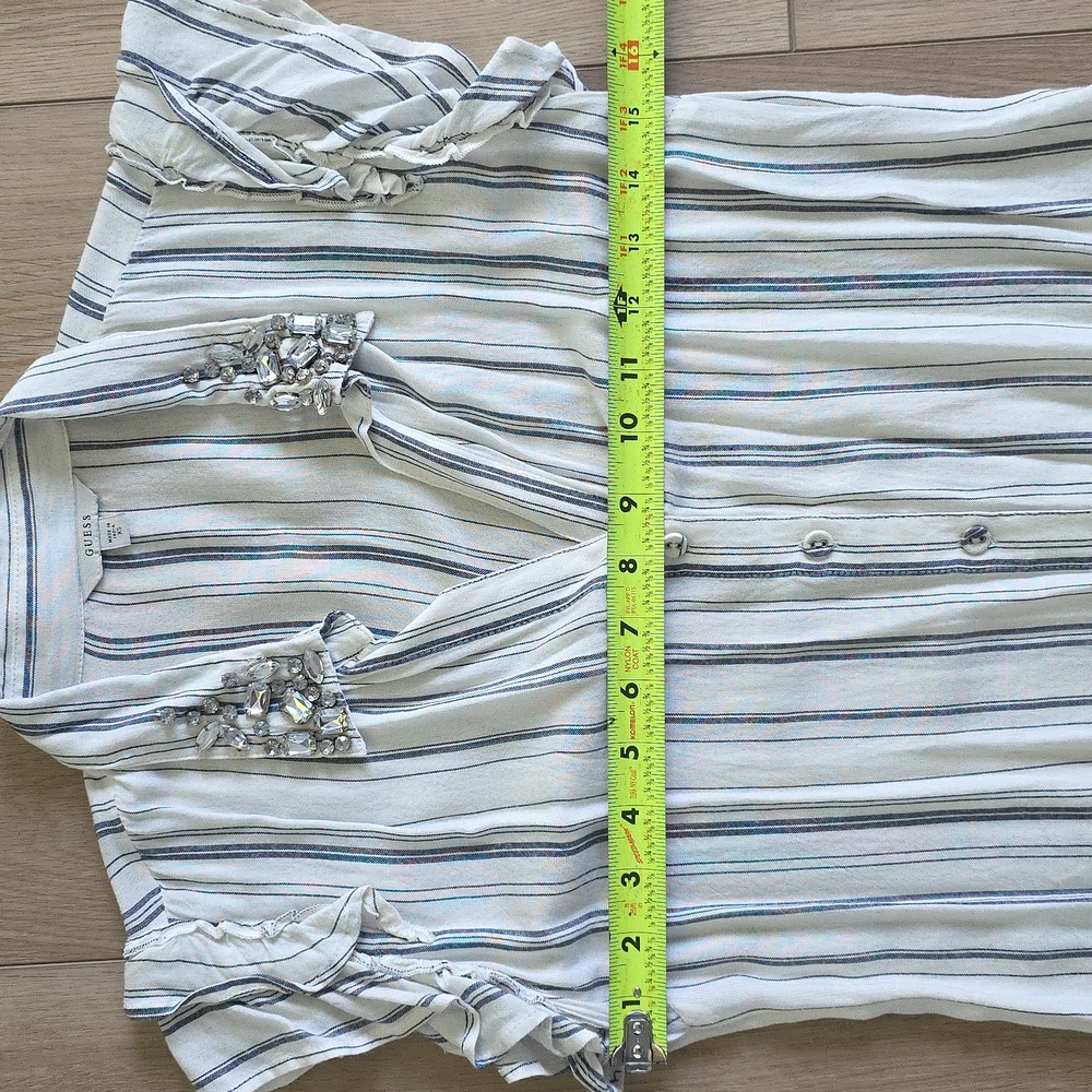 Guess Striped Button-Up Ruffled Sleeves Glass Embelished V-neck Blouse - Picture 9 of 11